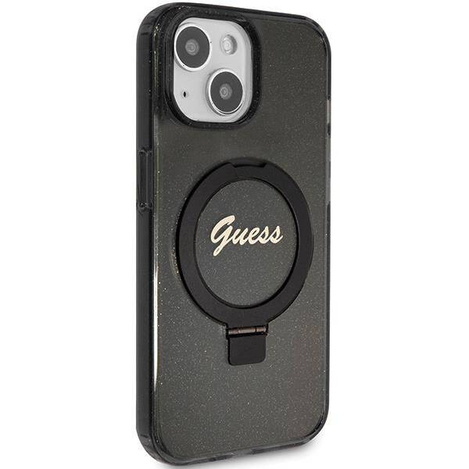 Guess Ring Stand Script Glitter MagSafe Case for iPhone 15 Plus / 14 Plus - Black