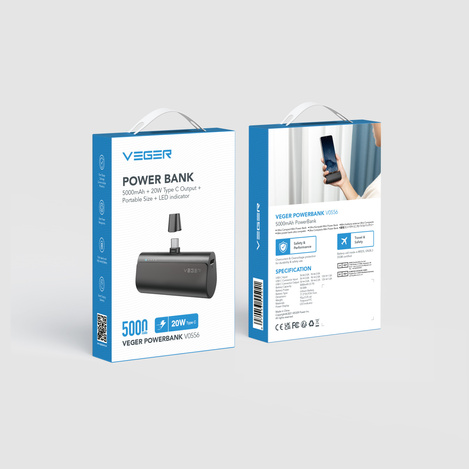 Bateria zewnętrzna (Powerbank) VEGER PlugOn - 5000mAh z wbudowanym złączem Typ C PD 20W (W0556P)