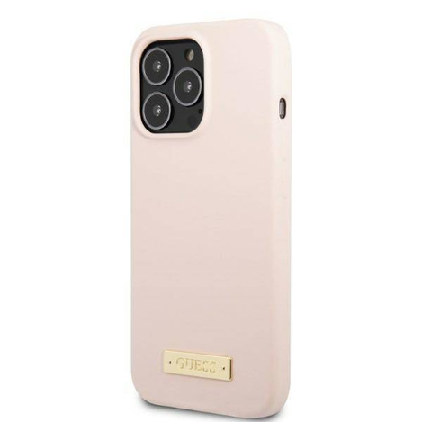 Original Handyhülle IPHONE 13 PRO Guess Hard Case Silicone Logo Plate MagSafe (GUHMP13LSPLP) rosa