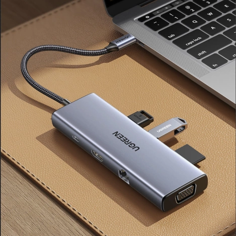 Ugreen CM498 15600 USB-C adapter - 3x USB-A 3.0 / HDMI / VGA / RJ45 / SD / TF card reader / USB-C PD - gray
