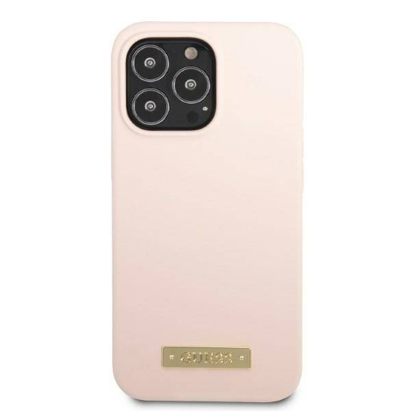 Original Handyhülle IPHONE 13 PRO Guess Hard Case Silicone Logo Plate MagSafe (GUHMP13LSPLP) rosa