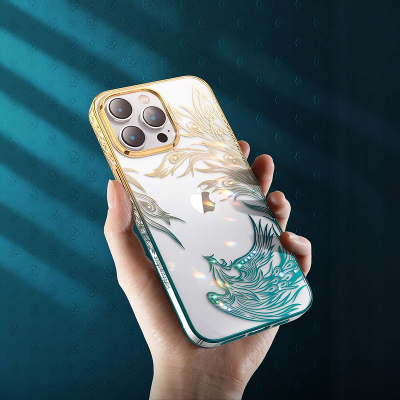 Luxuriöse iPhone 14 Plus-Hülle mit Kingxbar Phoenix-Kristallen – Gold und Blau
