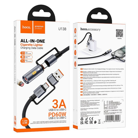 HOCO kabel All-in-one USB A / Typ C do Typ C / Zapalniczka samochodowa 3A 60W U138 1,2 m czarny