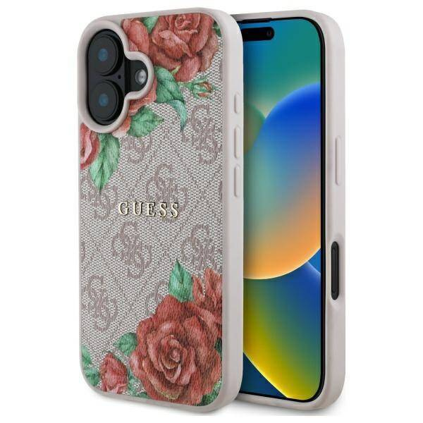 Original Handyhülle IPHONE 16 Guess Hardcase 4G Flowers Print MagSafe (GUHMP16SP4ROPEMCP) rosa