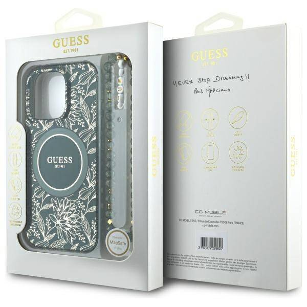 Etui Guess IML Flowers Allover Electro With Pearl Strap MagSafe na iPhone 16 Pro Max - zielone