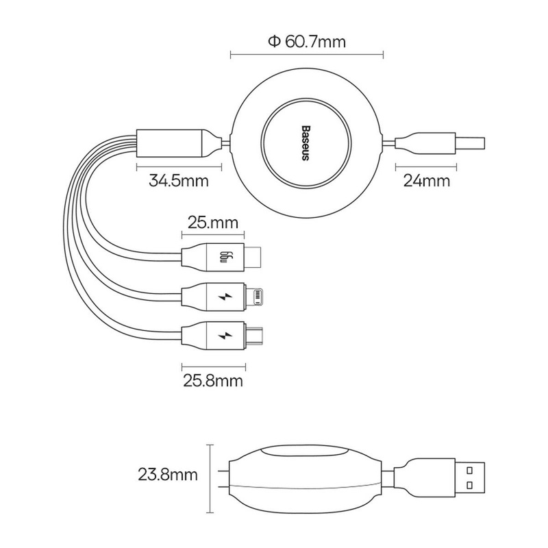 Baseus Bright Mirror 2 einziehbares Kabel 3in1 USB Typ A - micro USB + Lightning + USB Typ C 66W 1.1m lila (CAMJ010105)