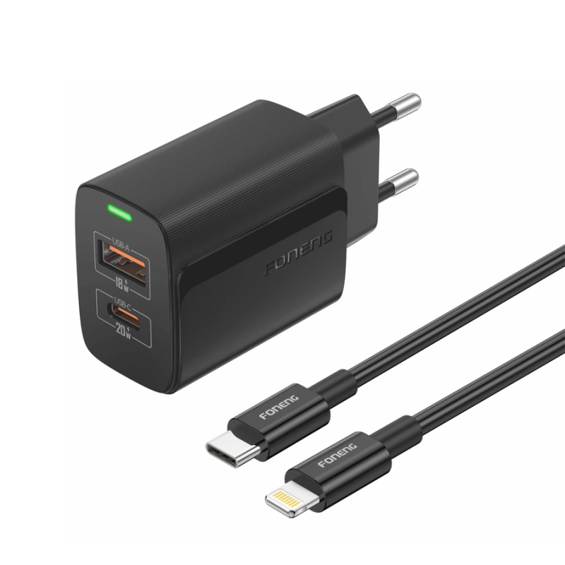 FONENG Netz-Ladegerät EU66 PD 20W 1xUSB-C + 1xUSB QC3.0 + Kabel USB-C - Lightning schwarz