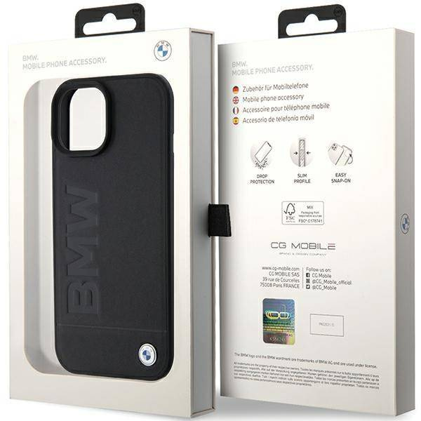 BMW Leder Hot Stamp Hülle für iPhone 15 – Schwarz