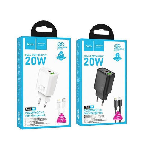 HOCO ładowarka sieciowa USB A + Typ C + kabel Typ C do Typ C PD QC3.0 3A 20W N61 czarna