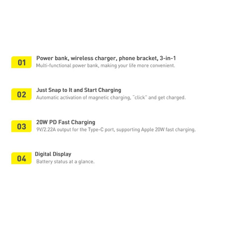 Baseus Magnetic Bracket Powerbank mit MagSafe Wireless Charging 10000mAh 20W Overseas Edition weiß (PPCX000202) + USB Type C Baseus Xiaobai Series 60W 0.5m