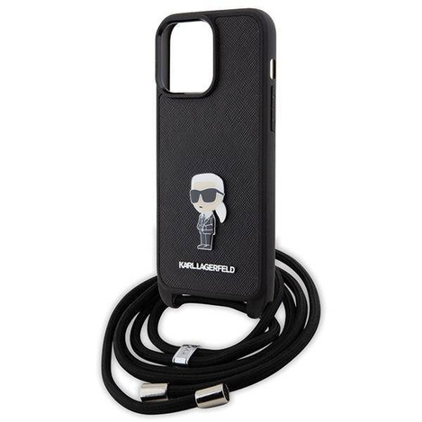 Karl Lagerfeld Umhängetasche mit Saffiano-Monogramm und Metallnadel, Karl &amp; Choupette-Hülle für iPhone 15 Pro Max – Schwarz