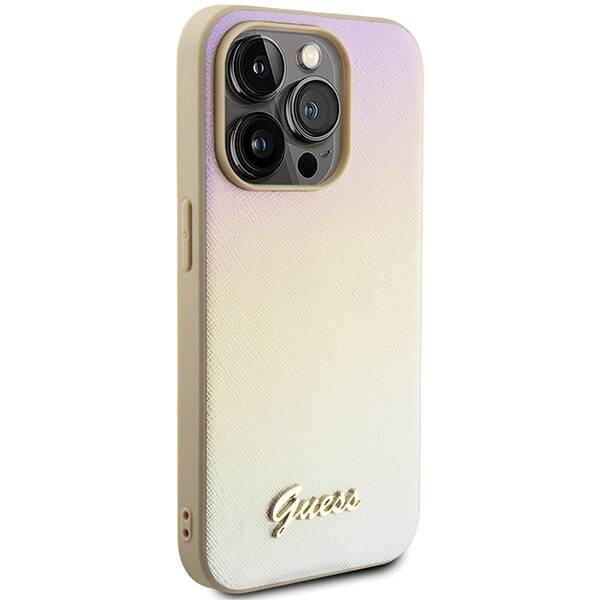 Oryginalne Etui GUESS hardcase Saffiano Iridescent Script GUHCP15LPSAIRSD do Iphone 15 Pro złoty
