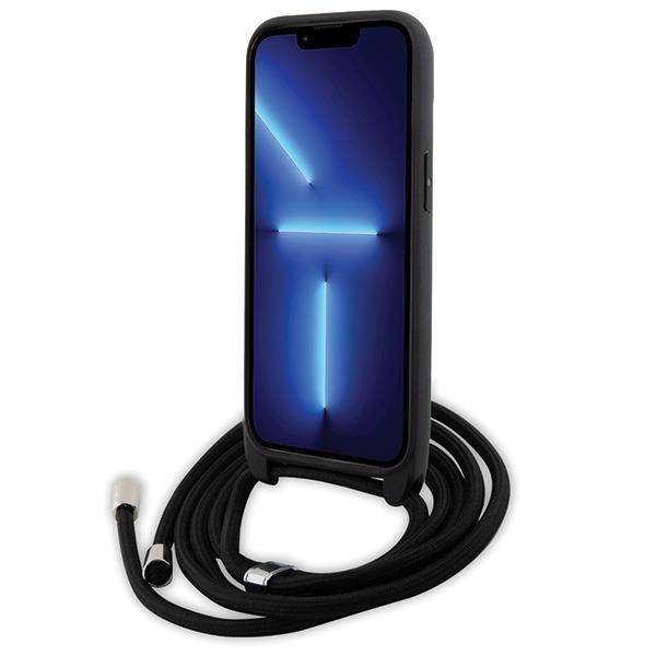 Karl Lagerfeld Umhängetasche mit Saffiano-Monogramm und Metallnadel, Karl &amp; Choupette-Hülle für iPhone 15 – Schwarz