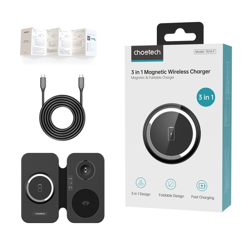 Choetech T616-F 3in1 induktives Ladegerät kompatibel mit Apple und Samsung -Geräten – Schwarz