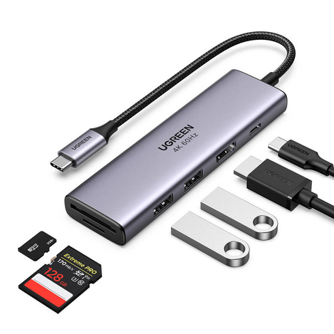 Ugreen 6in1 multifunctional USB Type C HUB - 2x USB 3.2 Gen 1 / HDMI 4K 60Hz / SD and TF memory card reader / USB Type C PD 100W gray (60384 CM511)