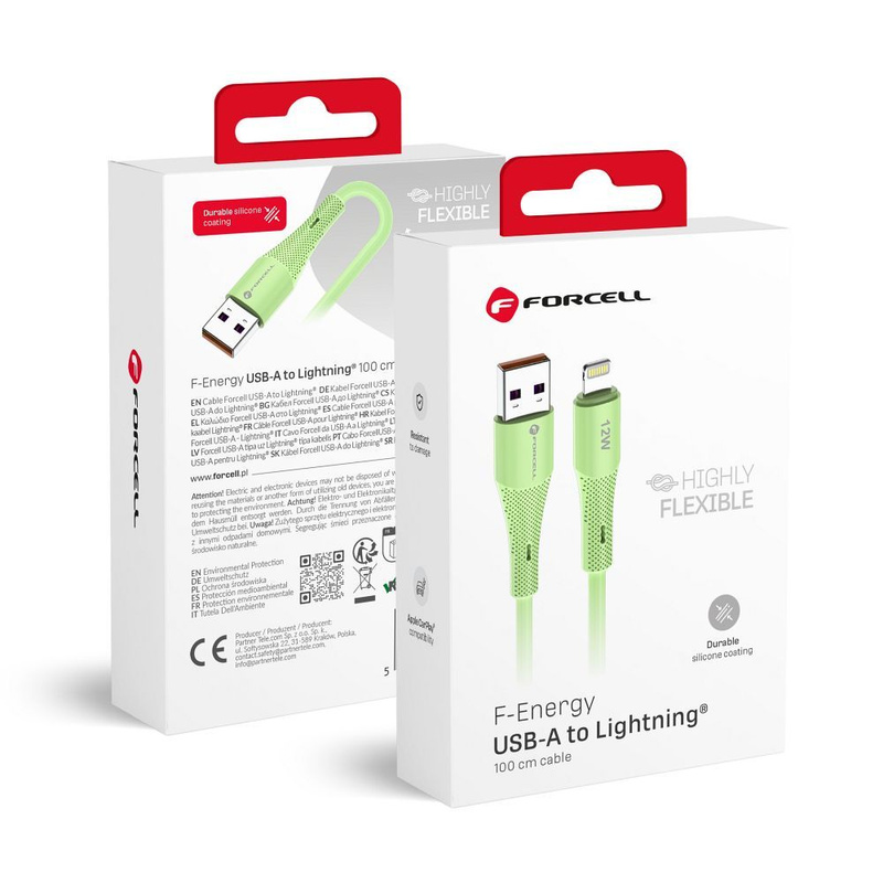 Kabel USB A do Lightning Forcell F-Energy 2,4A 12W Silicone 1 m C343 zielony
