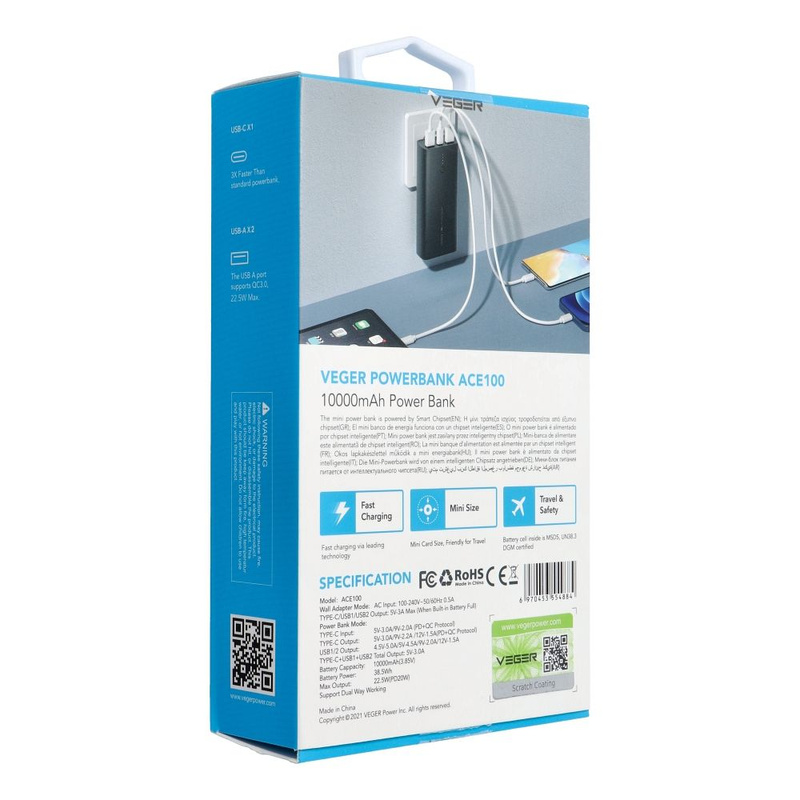 Bateria zewnętrzna (Powerbank) VEGER ACE100 - 10 000mAh Quick Charge PD 20W (W1146)