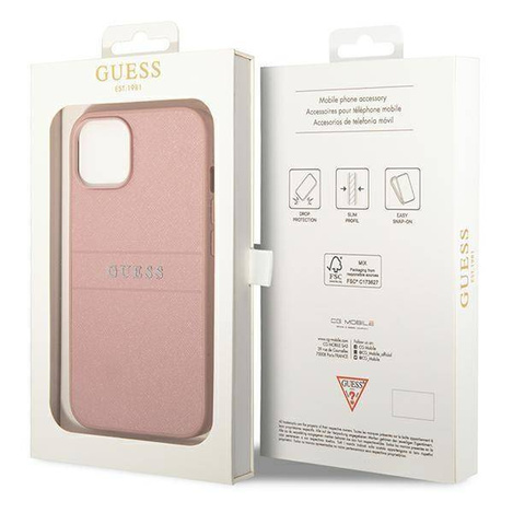 Guess Saffiano Metal Logo Stripes - Etui iPhone 14 Plus (różowy)