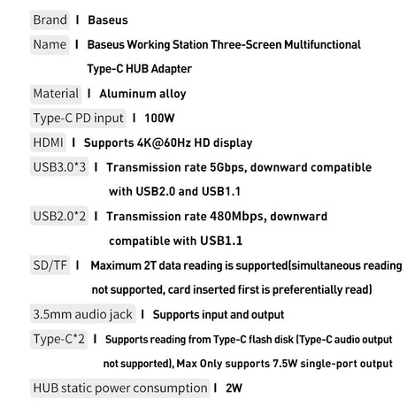 Baseus wielofunkcyjny HUB 3x USB 3.2 Gen 1 / 2x USB Typ C / czytnik kart SD i micro SD / AUX / 2x DisplayPort / 2x HDMI / RJ45 1Gbps Power Delivery 100W (wtyczki EU / CN / UK) szary (CAHUB-DG0G)