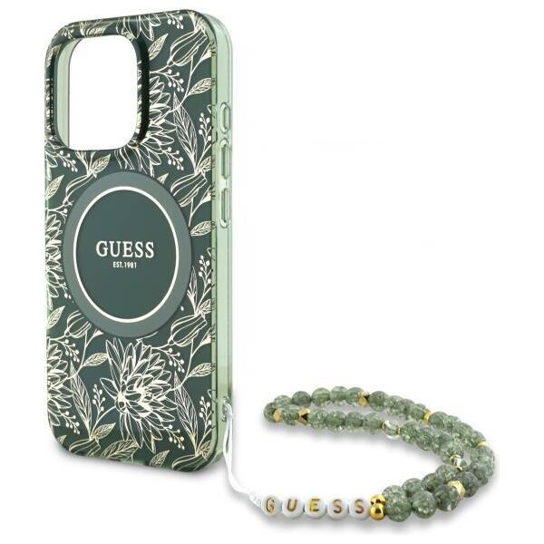 Etui Guess IML Flowers Allover Electro With Pearl Strap MagSafe na iPhone 16 Pro Max - zielone