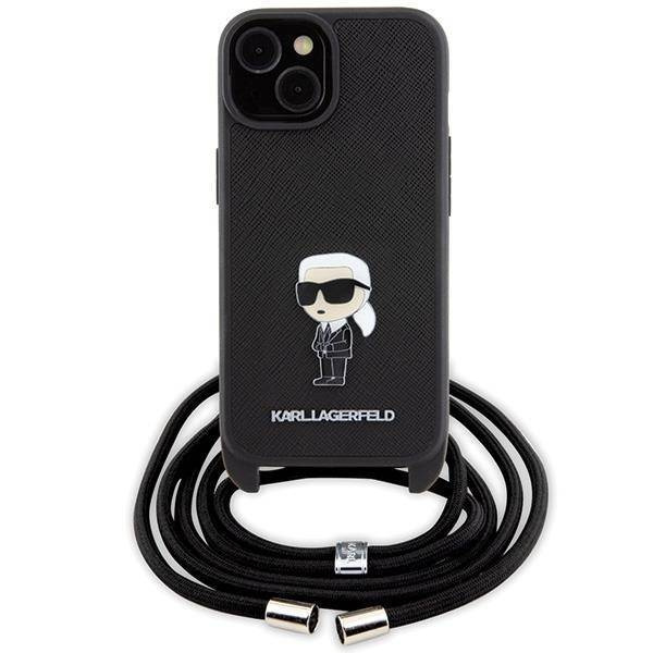 Karl Lagerfeld Umhängetasche mit Saffiano-Monogramm und Metallnadel, Karl &amp; Choupette-Hülle für iPhone 15 – Schwarz