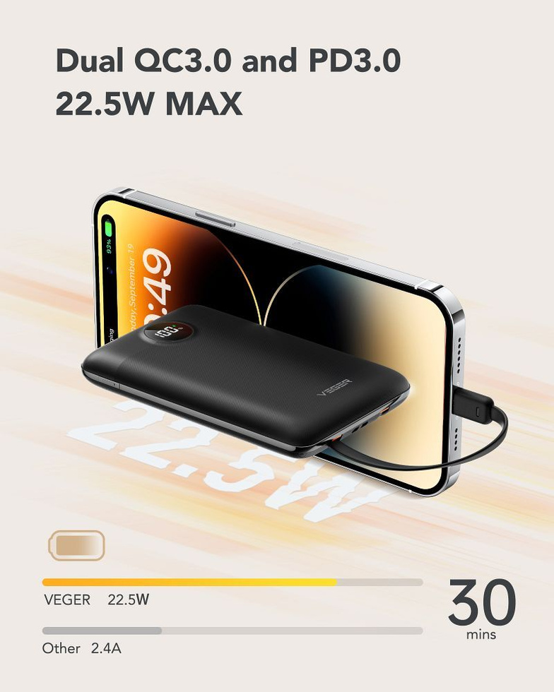 Bateria zewnętrzna (Powerbank) VEGER C11 BEST - 10 000mAh LCD z kablem Typ C + Apple Lightning 8-pin QC3.0 PD 22,5W (W1170)