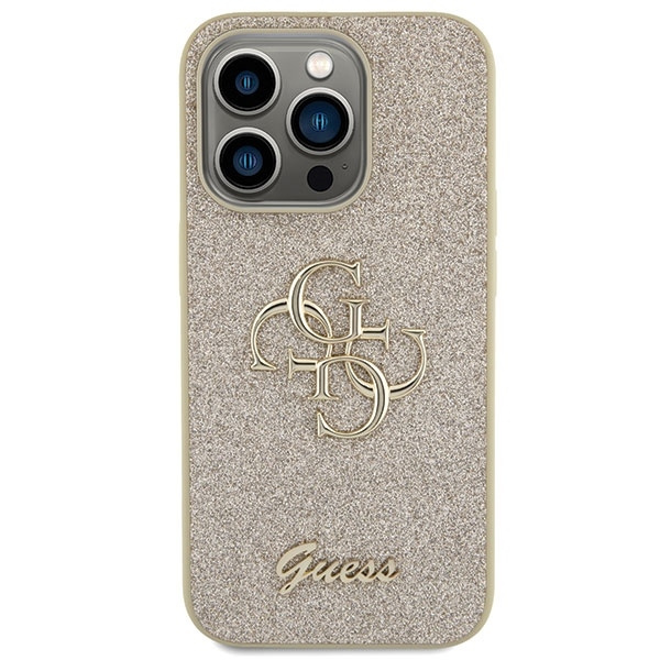 Guess Glitter Script Big 4G Hülle für iPhone 15 Pro – Gold