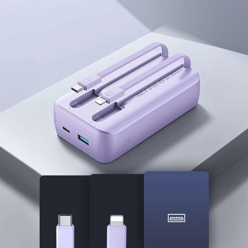 Joyroom Powerbank 30 W 10000 mAh mit integrierten Lightning und USB-C-Kabeln lila (JR-PBC06)