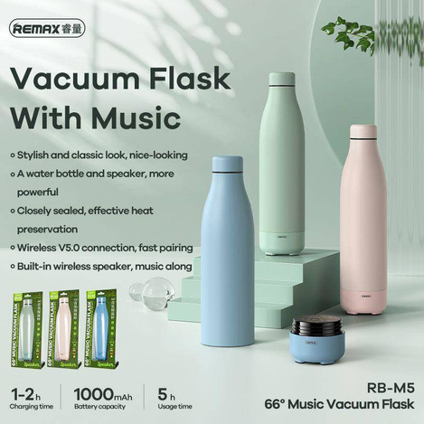 Remax bezprzewodowy głośnik bluetooth 5.0 z termosem kubkiem termicznym 500ml zielony (RB-M5)