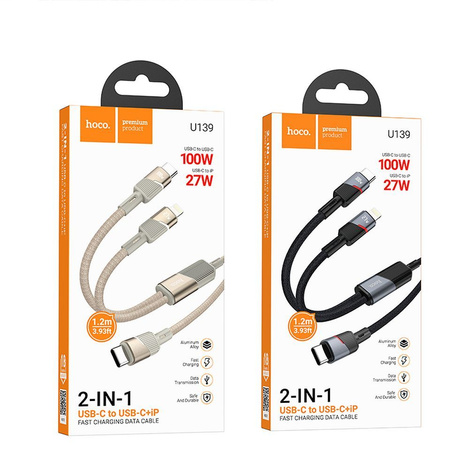 Kabel 2w1 USB C do USB C + Lightning Hoco 5A 100W 1,2 m U139 złoty