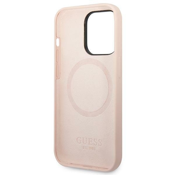 Original Handyhülle IPHONE 14 PRO MAX Guess Hard Case Silicone Logo Plate MagSafe rosa