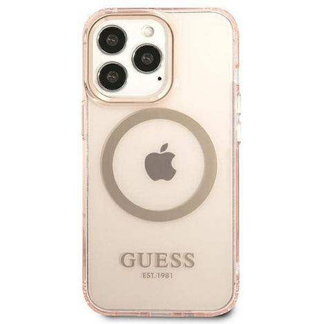 Original Handyhülle IPHONE 13 PRO Guess Hard Case Gold Outline Translucent MagSafe (GUHMP13LHTCMP) rosa