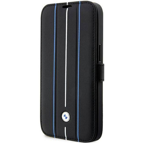 Original Case IPHONE 14 PRO BMW Bookcase Leather Stamp Blue Lines (BMBKP14L22RVSK) black