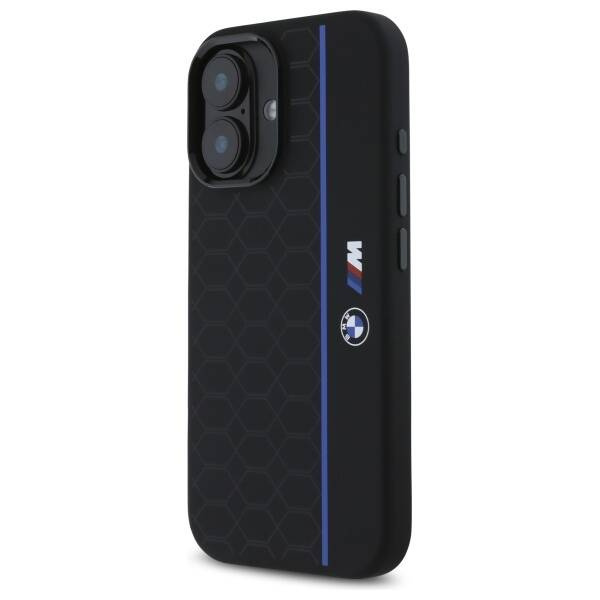 Original Handyhülle IPHONE 16 BMW Hardcase Silicone Hexagon Blue Line MagSafe (BMHMP16S23SHEB) schwarz