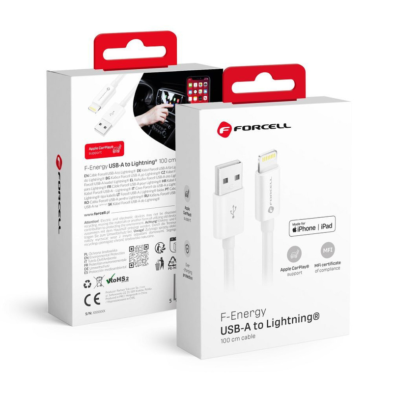 FORCELL kabel USB A do Lightning 8-pin MFi 2,4A/5V 12W C703 1m biały