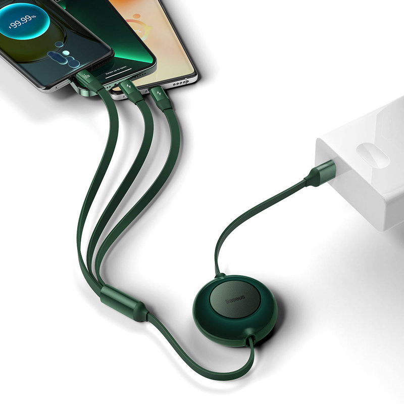Baseus Bright Mirror 2 retractable cable 3in1 USB Type A - micro USB + Lightning + USB Type C 66W 1.1m green (CAMJ010106)