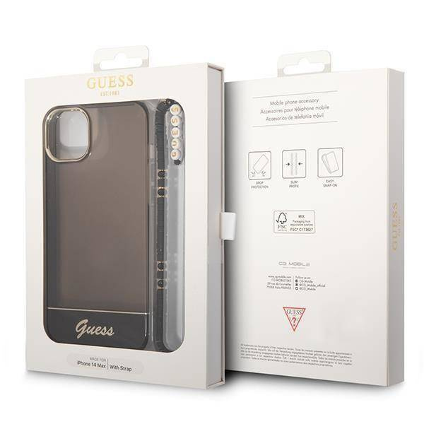 Oryginalne Etui IPHONE 14 Guess Hardcase Translucent Pearl Strap czarne