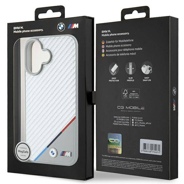 Original Case IPHONE 16 BMW Hardcase M Carbon Tricolor Line MagSafe (BMHMP16S23PUDTS) gray