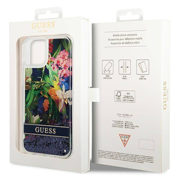 Schutzhülle IPHONE 14 Guess Hardcase Flower Liquid Glitter blau