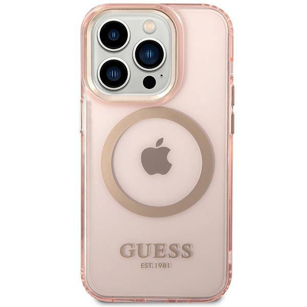 Original Case IPHONE 14 PRO MAX Guess Hard Case Gold Outline Translucent MagSafe (GUHMP14XHTCMP) pink