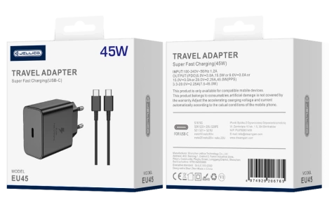 JELLICO wall charger EU45 GaN PD 45W 1xUSB-C + cable USB-C - USB-C Black