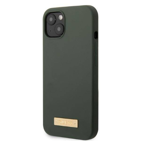 Original Handyhülle IPHONE 13 Guess Hard Case Silicone Logo Plate MagSafe (GUHMP13MSBPLA) grün