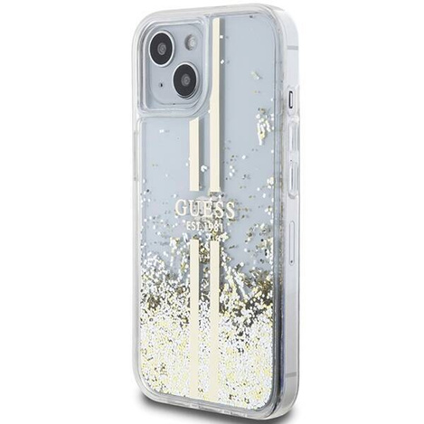 Oryginalne Etui GUESS Hardcase GUHCP15MLFCSEGT do iPhone 15 Plus (Liquid Glitter Gold Stripes / transparent)