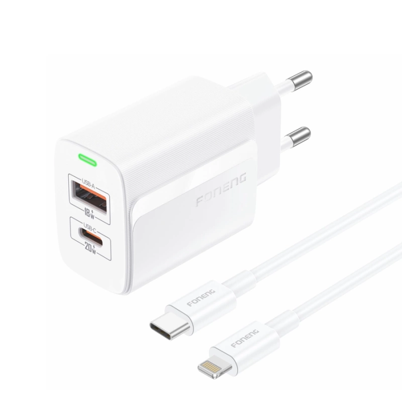 FONENG Netz-Ladegerät EU66 PD 20W 1xUSB-C + 1xUSB QC3.0 + Kabel USB-C - Lightning weiss