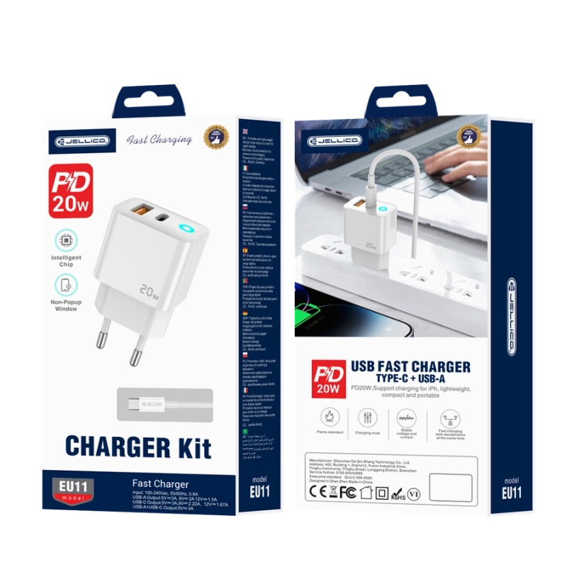JELLICO wall charger EU11 PD 20W 1xUSB-C + 1xUSB QC3.0 + cable USB-C - USB-C White