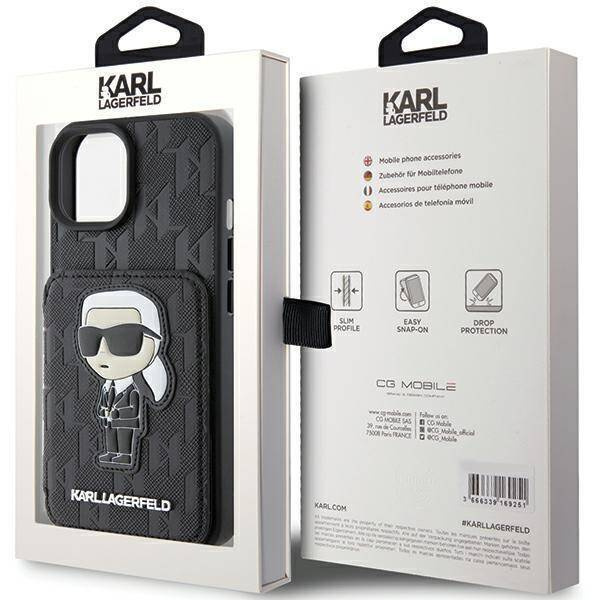 Etui Karl Lagerfeld Saffiano Cardslots and Stand Monogram Ikonik Patch do iPhone 15 - czarne