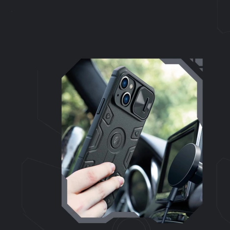 Nillkin CamShield Armor Pro Magnetische Hülle iPhone 14 Plus MagSafe gepanzerte Hülle mit Standring schwarz