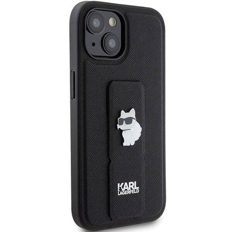 Karl Lagerfeld Gripstand Saffiano Choupette Pins Hülle für iPhone 15 – Schwarz