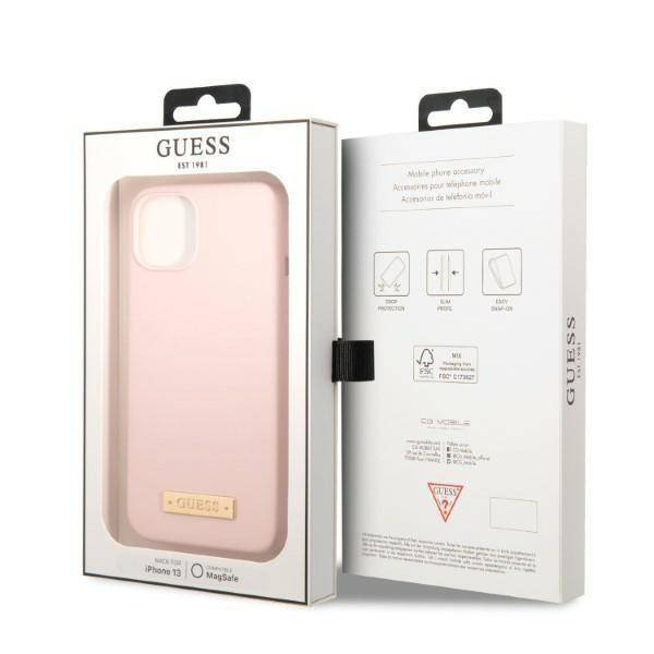 Original Handyhülle IPHONE 13 MINI Guess Hard Case Silicone Logo Plate MagSafe (GUHMP13SSBPLP) rosa