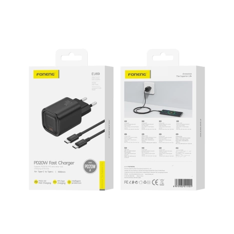 FONENG Netz-Ladegerät EU69 PD 20W 1xUSB-C + kabel USB-C - USB-C schwarz